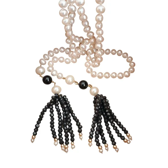 Lariat pearl necklace petite pearls high luster 18k GP hand knottedA0123 -1Q